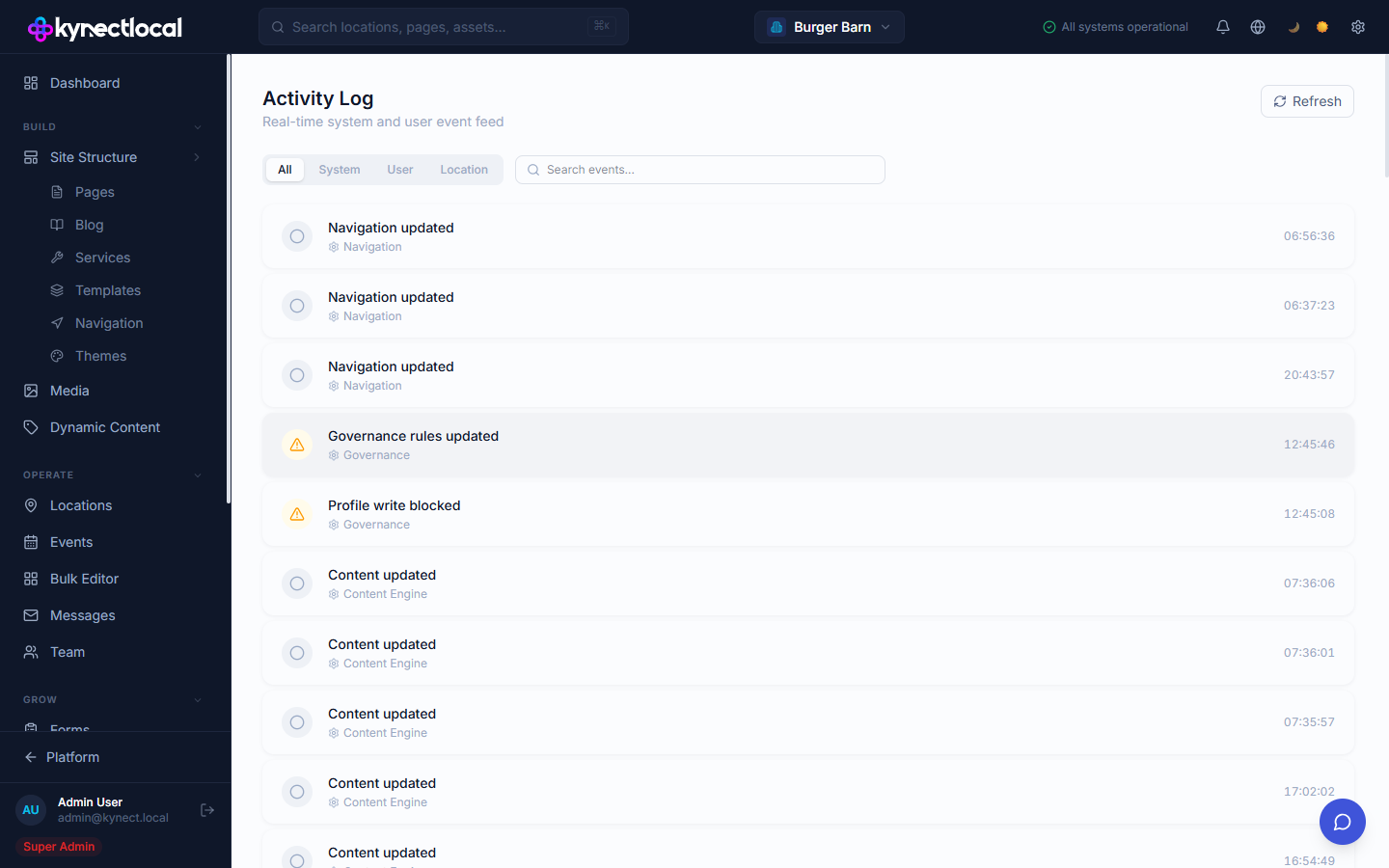 Activity Log showing All, System, User, and Location filter tabs, a search box, and a list of events including Navigation updated, Governance rules updated, Profile write blocked, and Content updated with timestamps