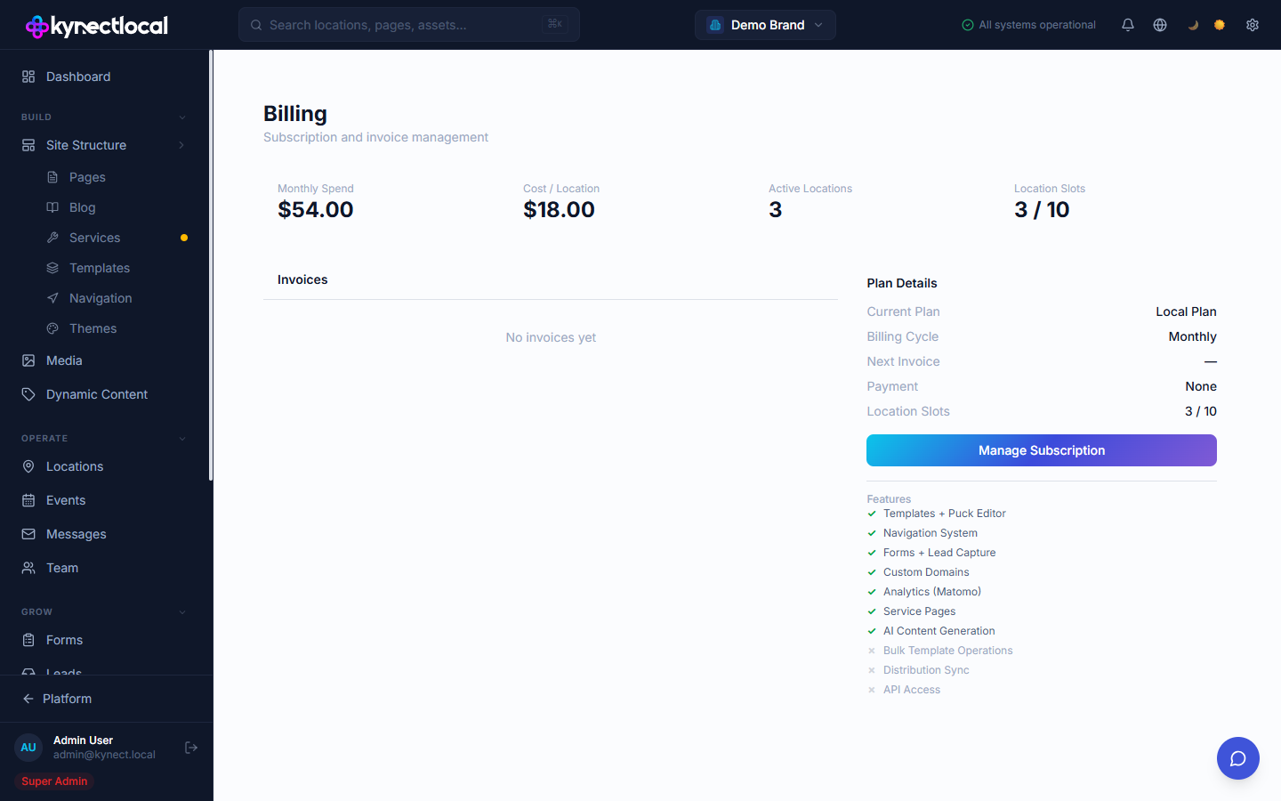 Entitlements list showing features with active, trial, and locked states