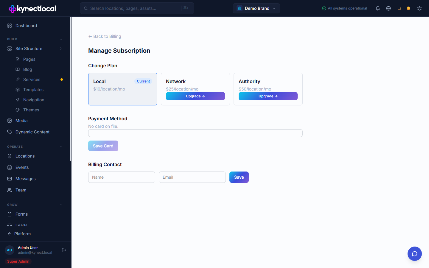 Plan tiers panel showing Local, Network, and Authority options with feature lists
