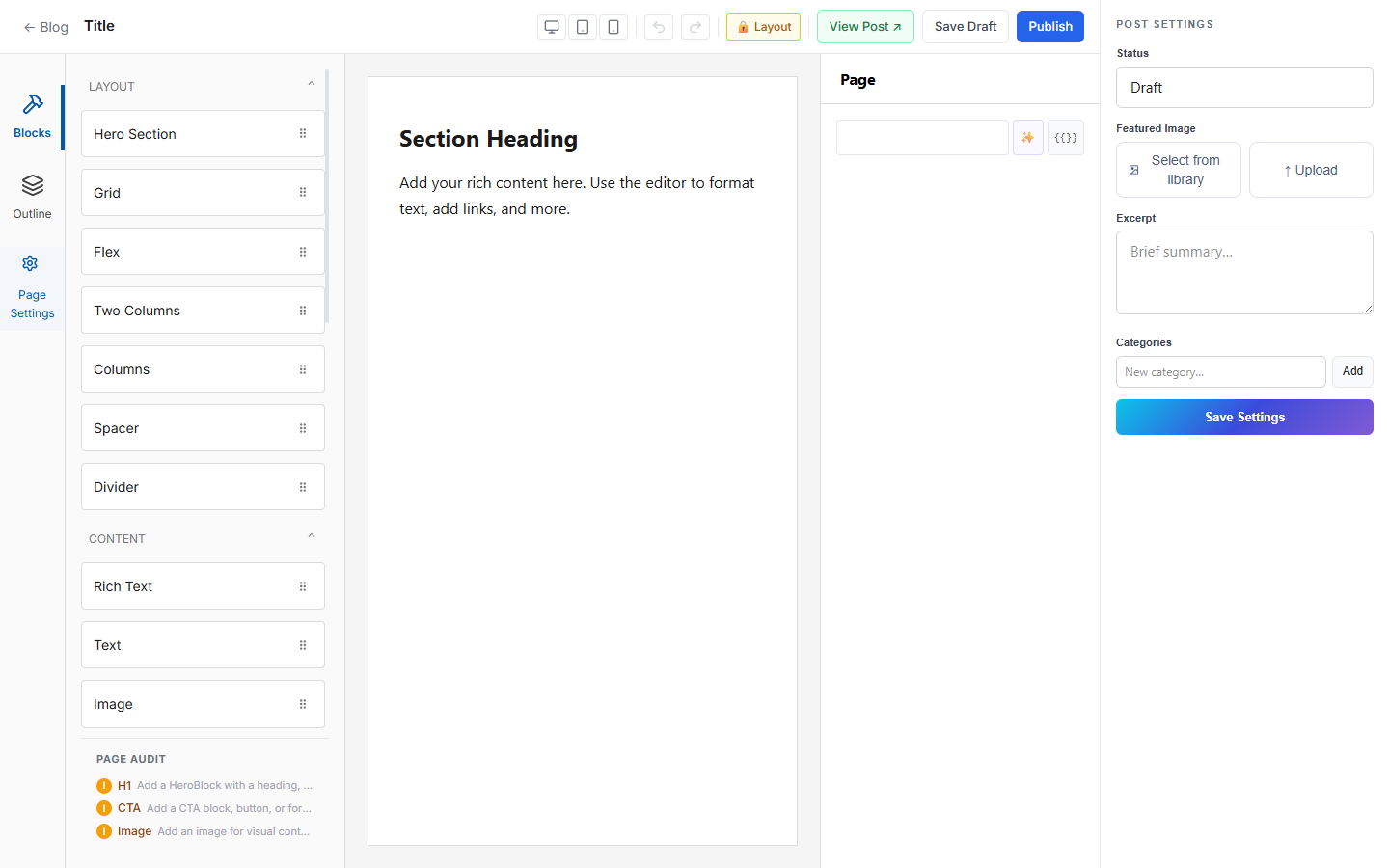 Blog editor showing the Blocks panel on the left with Layout and Content block groups, the canvas with a Rich Text block in the center, and Post Settings on the right