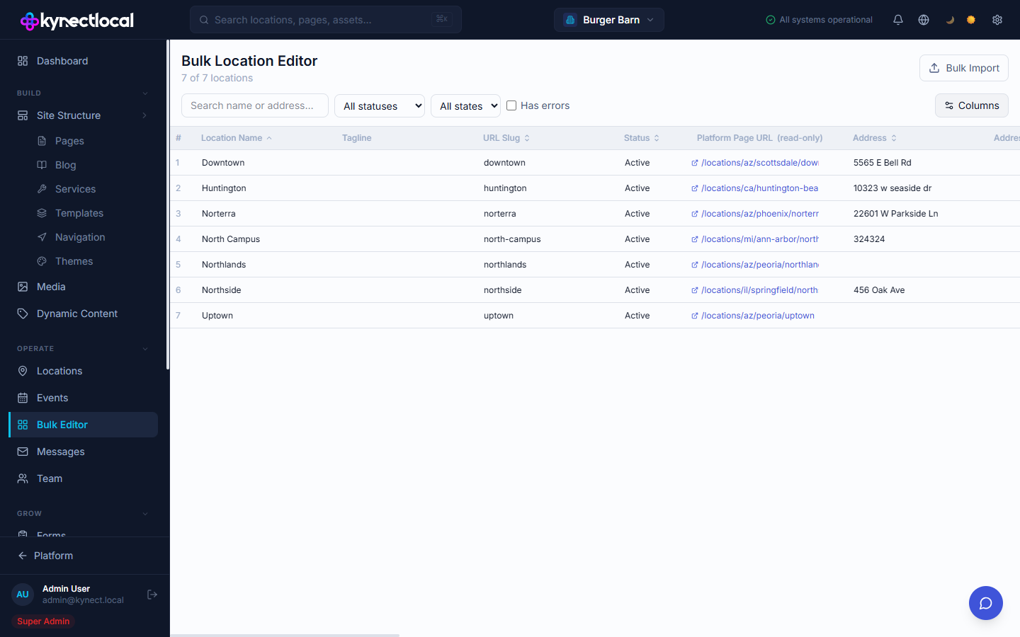 Bulk Location Editor showing 7 locations in a spreadsheet table with columns for Location Name, Tagline, URL Slug, Status, Platform Page URL, and Address
