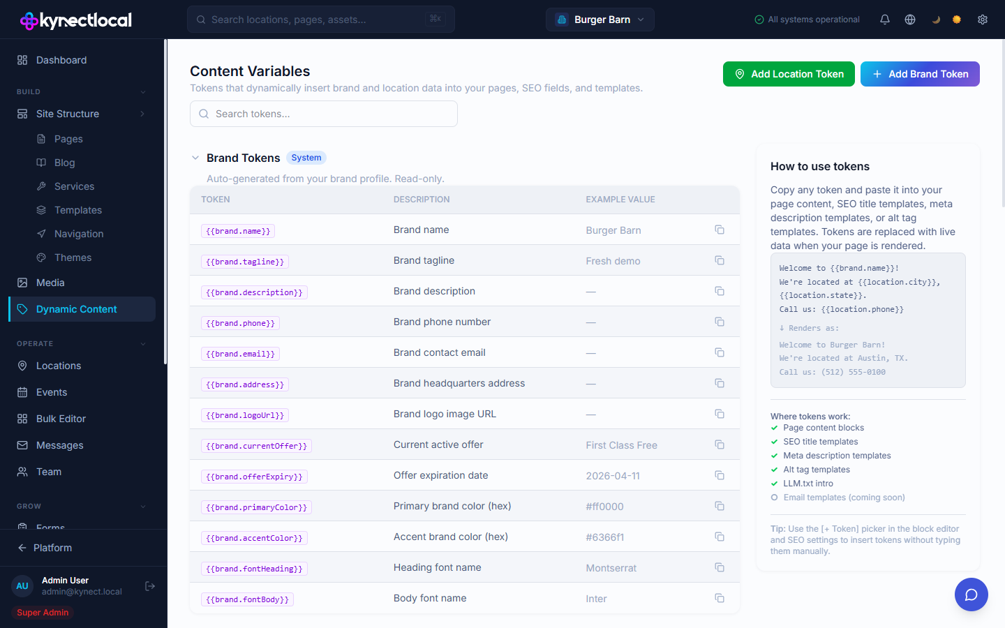 Content Variables page showing Brand Tokens table with system tokens like brand.name and brand.tagline, a How to use tokens panel on the right, and Custom and Custom Location Token sections