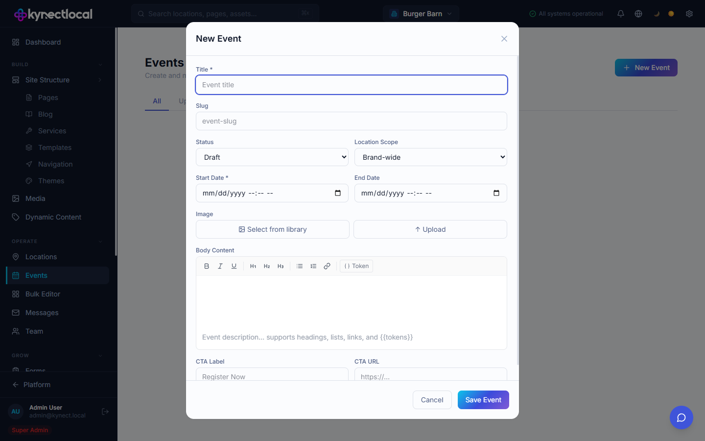 New Event modal showing Title, Slug, Status, Location Scope, Start Date, End Date, Image, Body Content rich text editor, CTA Label, and CTA URL fields