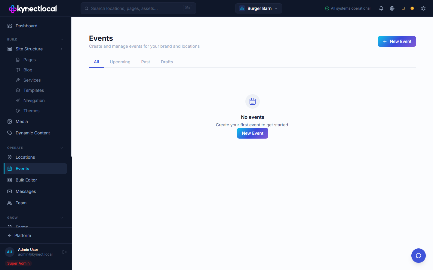 Events page showing All, Upcoming, Past, and Drafts filter tabs with a New Event button and an empty state