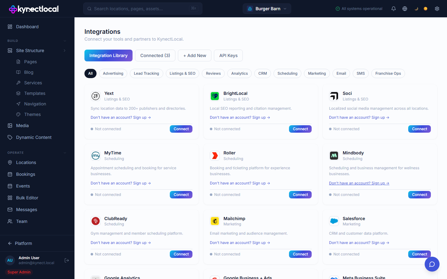 Integrations page with HubSpot shown as a card in the CRM category, including stat badges for leads pushed.
