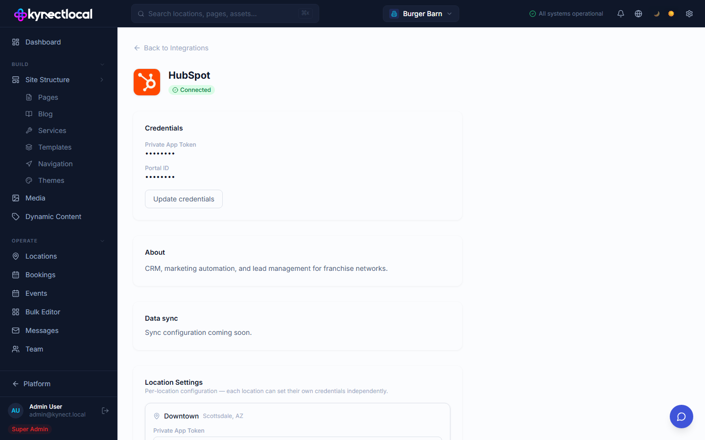 HubSpot integration detail page showing the Connect form with the Private App Token field and optional Portal ID field.