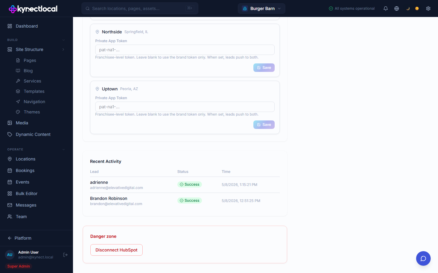 Recent Activity table showing push log entries with green Success and red Failed status badges, lead names, and timestamps.