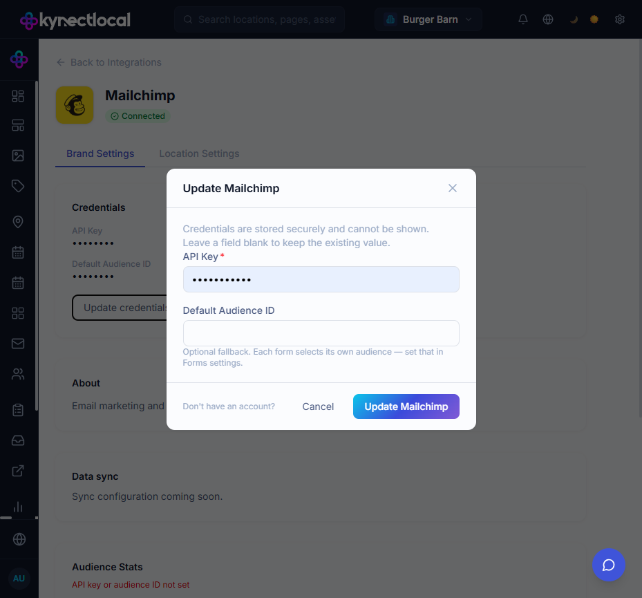 Update Mailchimp modal with an API Key field and an optional Default Audience ID field.