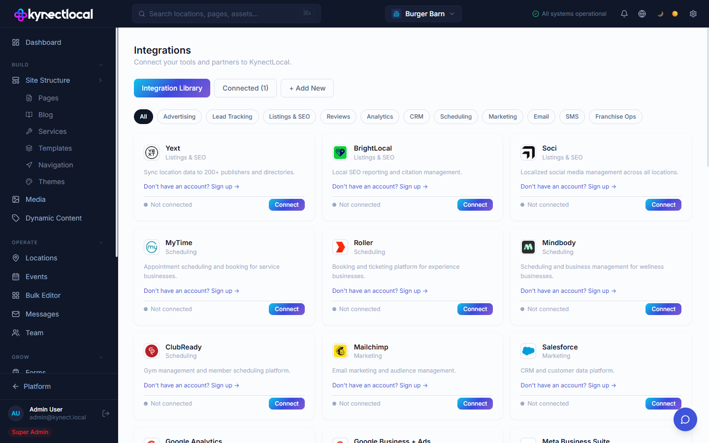 Integrations page showing category tabs (All, Listings & SEO, Scheduling, Analytics, etc.) and integration cards with Connect buttons. Google Analytics shows a Connected badge.