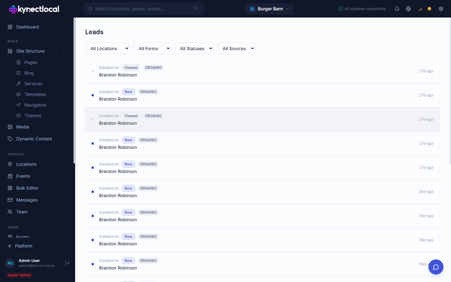 Leads page showing a list of form submissions, each with form name, New or Viewed status badge, ORGANIC source tag, submitter name, and time ago