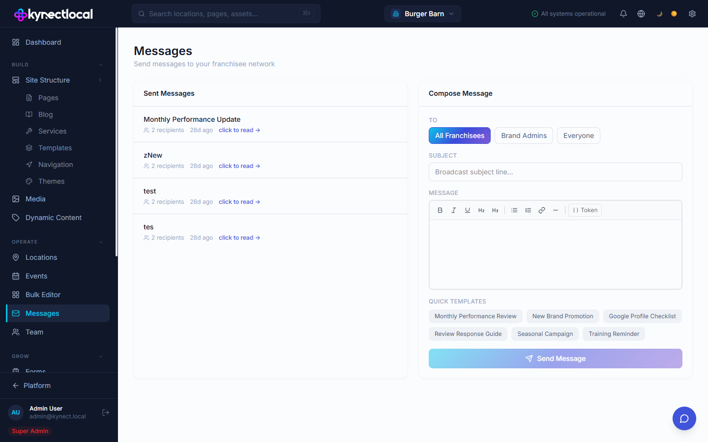 Messages page with a Sent Messages list on the left and a Compose Message panel on the right showing TO recipient buttons, Subject input, rich text Message editor, Quick Templates, and a Send Message button