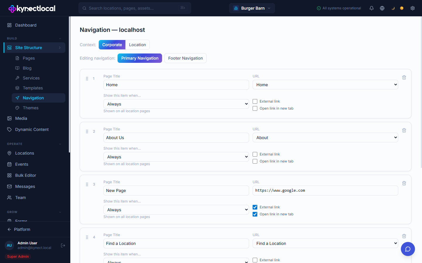 Navigation editor showing Corporate context, Primary Navigation tab, with four nav items including one external link