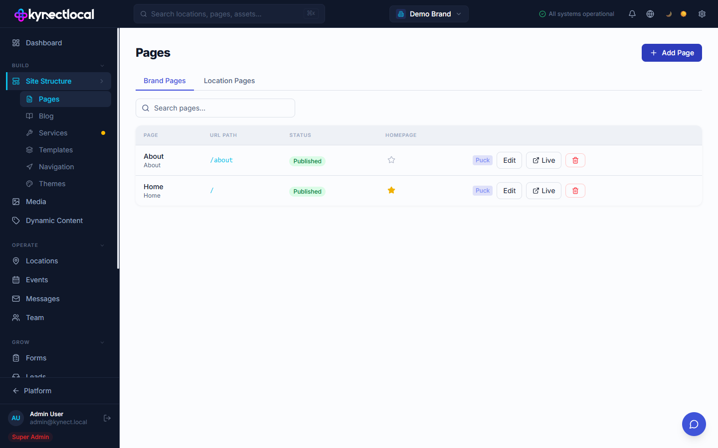 Pages list showing location pages with status and last-edited columns