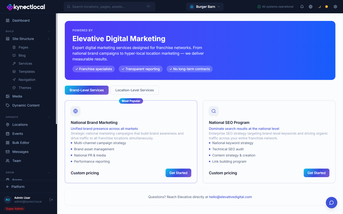Partner Services page with an Elevative Digital Marketing header banner and two tabs — Brand-Level Services showing National Brand Marketing and National SEO Program cards with Get Started buttons