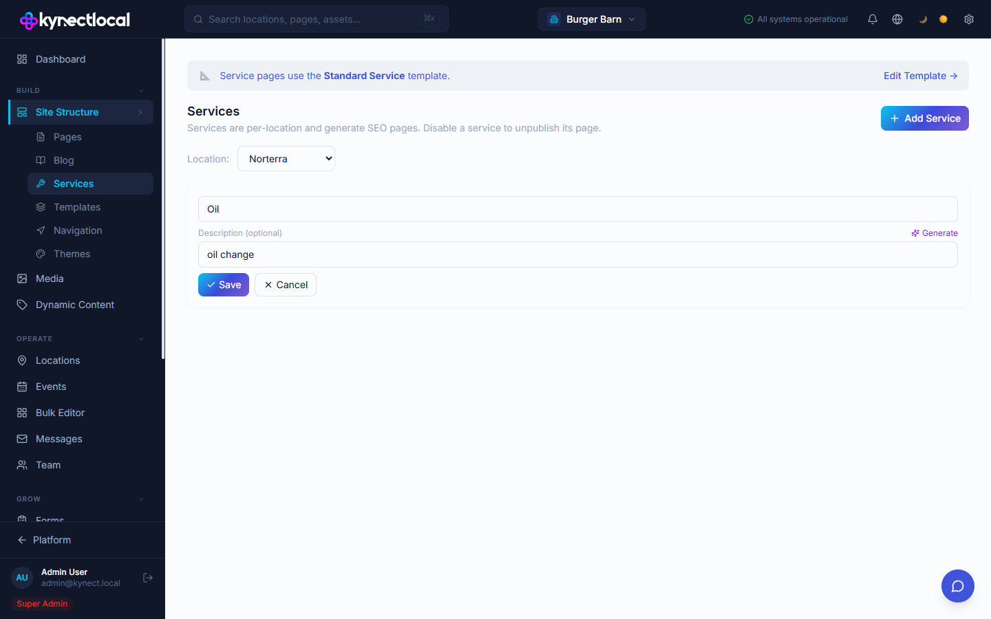 Service edit form showing name field, optional description field with AI Generate button, and Save/Cancel buttons