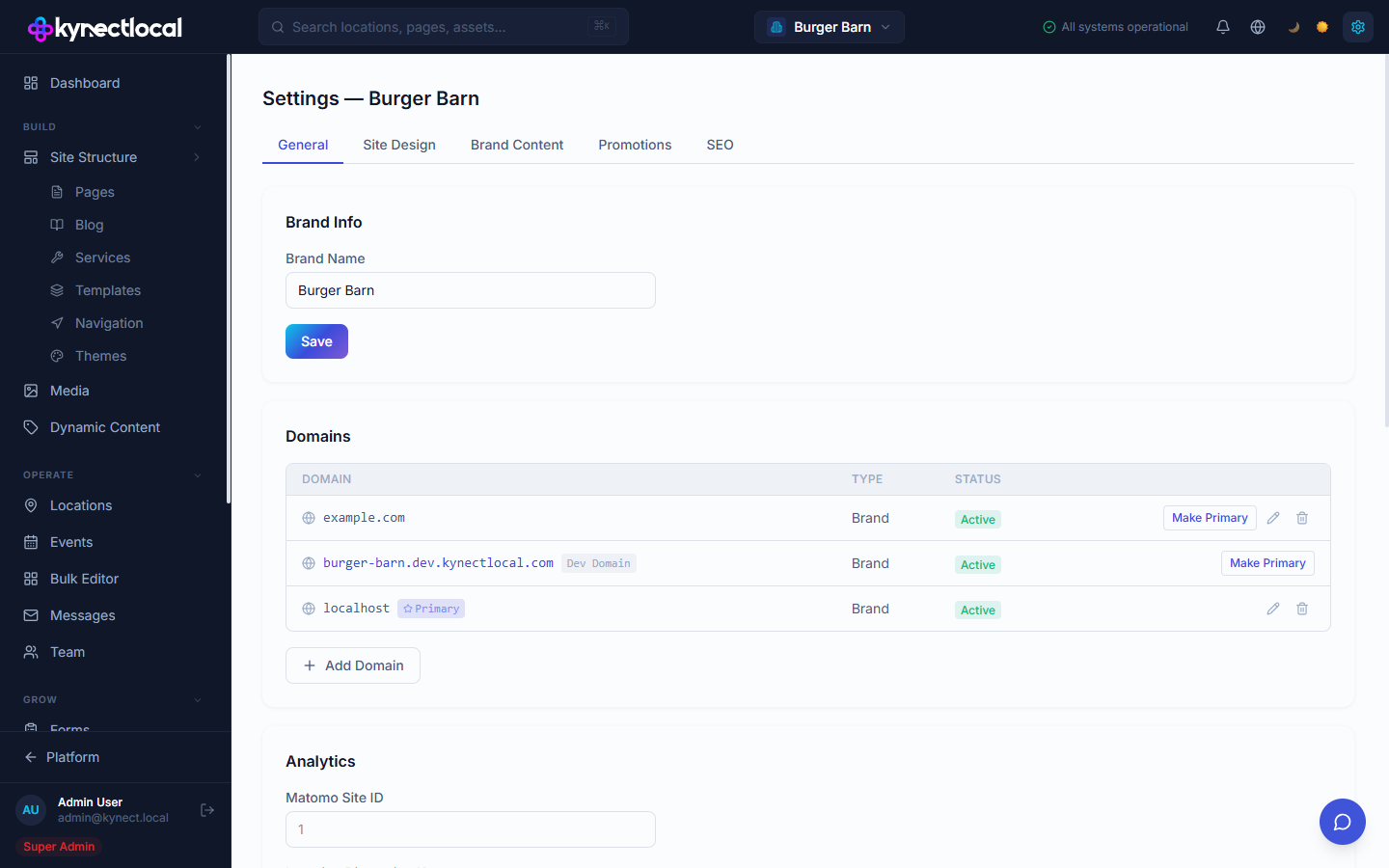 Settings page for Burger Barn showing General tab with Brand Name field and Domains table listing example.com, a dev domain, and localhost with Active status badges