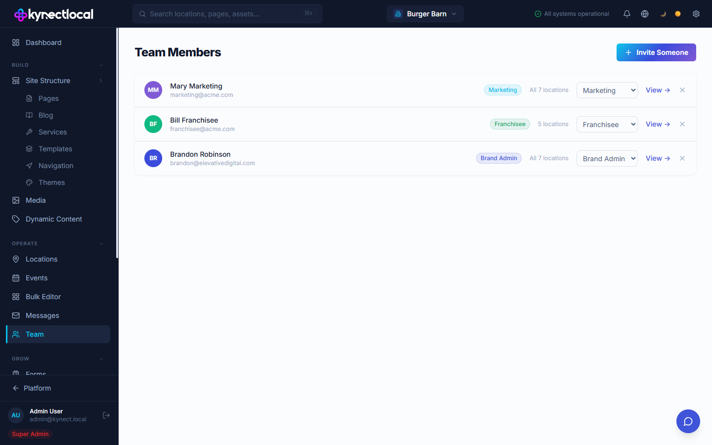 Team Members page showing three users — Mary Marketing, Bill Franchisee, and Brandon Robinson — each with a role badge, location scope, role dropdown, and View and remove buttons