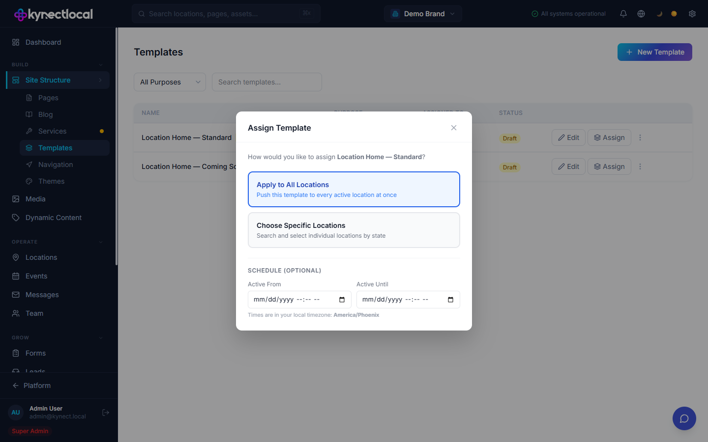 Assign template modal with location selector and date range fields
