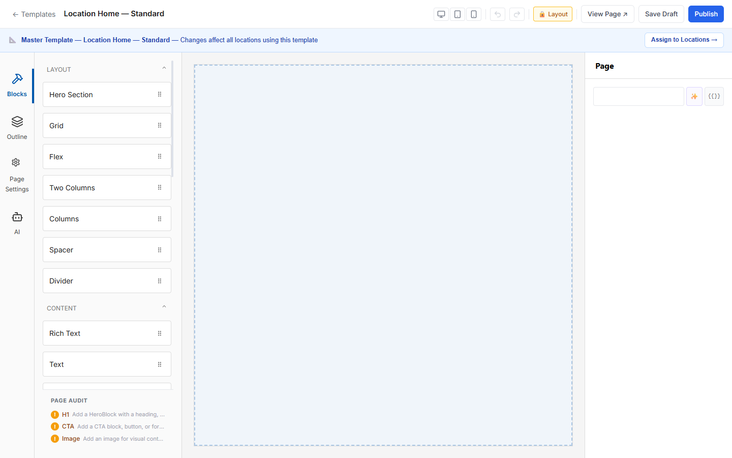 Puck editor open on a template showing block palette and canvas