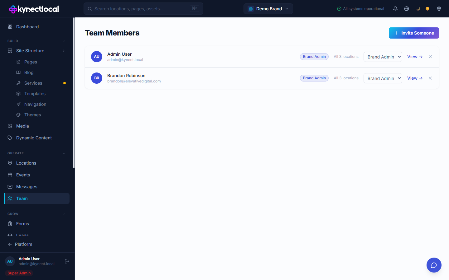 Users list showing existing members with role and status columns