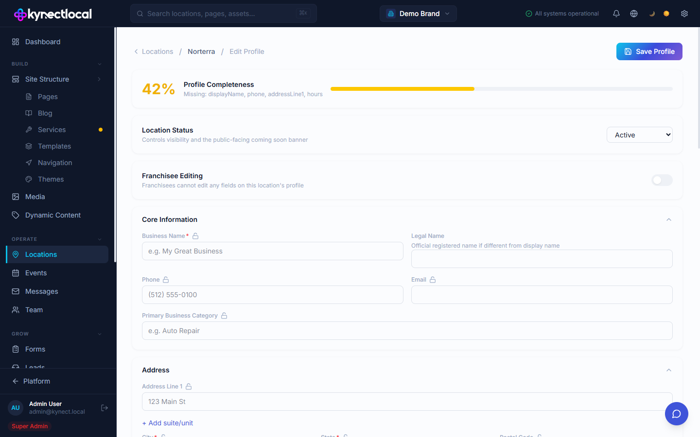 Business profile form showing fields for address, phone, hours, and services
