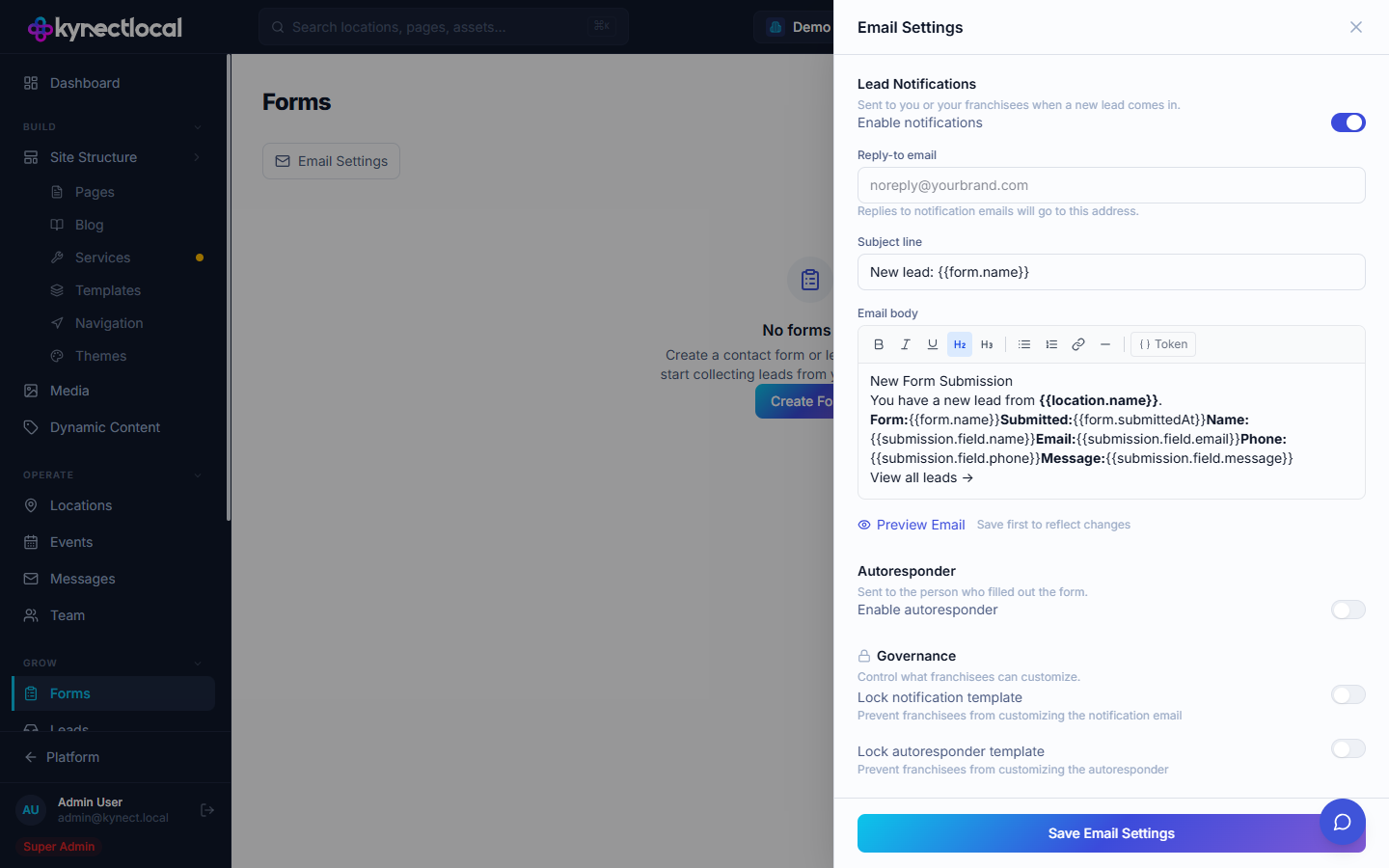 Notifications settings panel showing form submission email address fields
