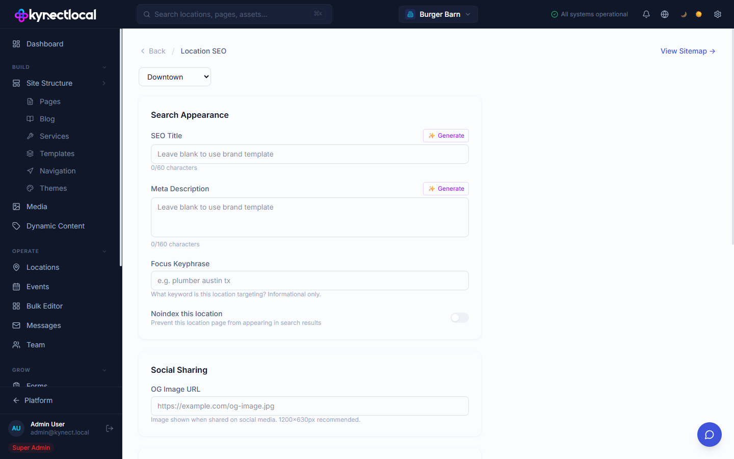 Location SEO settings page for Downtown showing SEO Title and Meta Description fields with Generate buttons, a Focus Keyphrase field, Noindex toggle, OG Image URL field, and business listing URL fields for Google Business Profile, Facebook, Yelp, Instagram, and Twitter/X