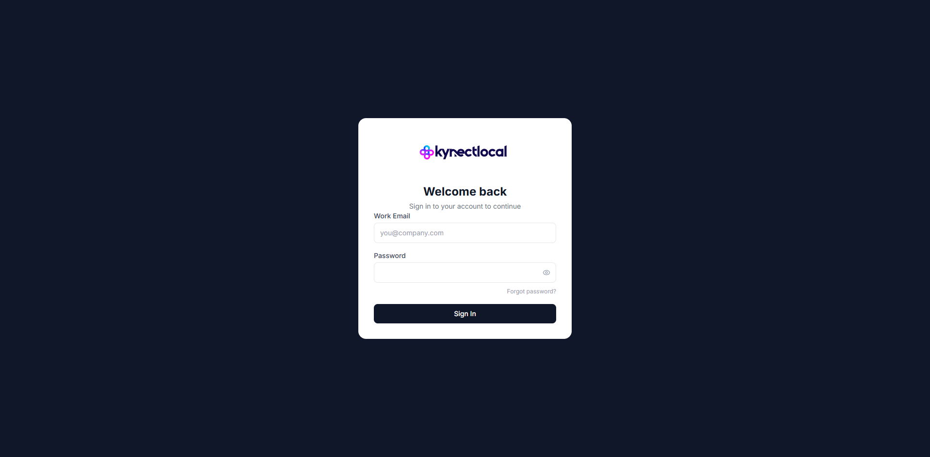 KynectLocal login screen showing an email address field and Continue button