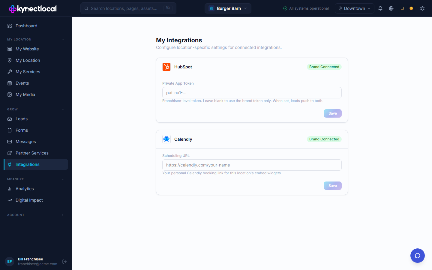 My Integrations page showing integration cards for HubSpot and Calendly, each with a Brand Connected badge and credential fields.