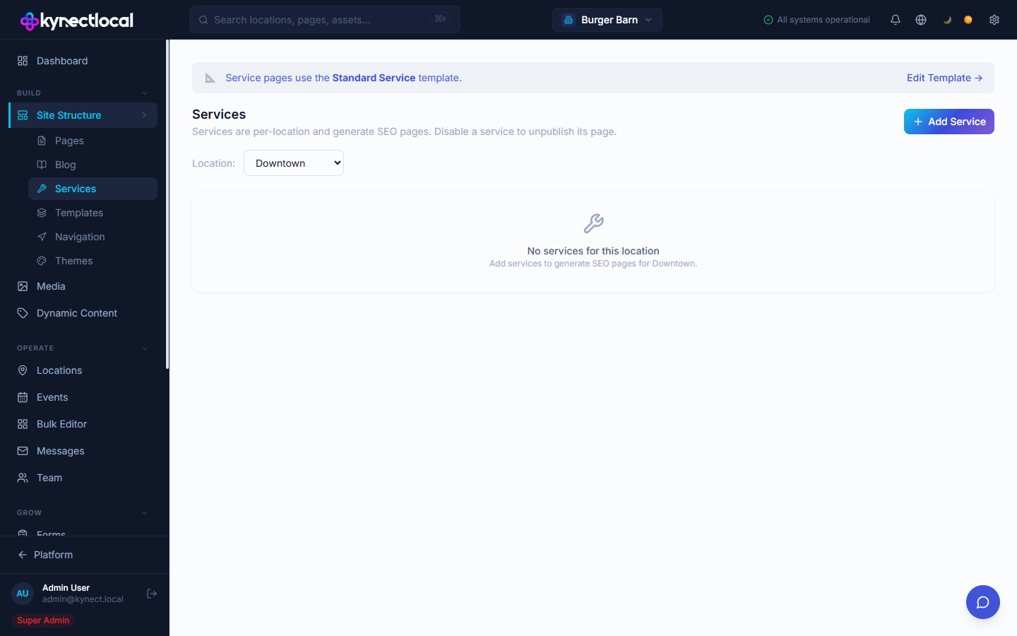 Services page showing a Location dropdown set to Downtown, an Add Service button, and an empty state with the message 'No services for this location'